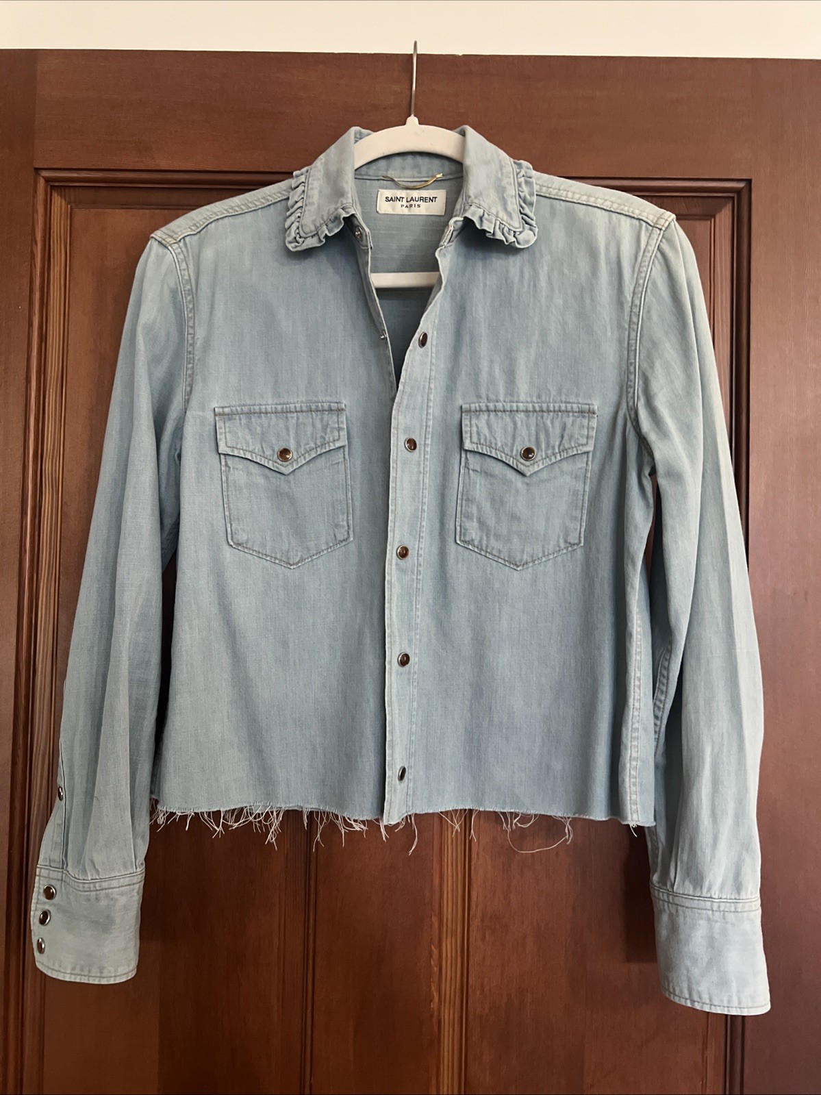 Saint Laurent Camicia Donna Blu Chambray Bottone a Scatto Tg S