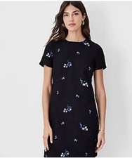 NWT Ann Taylor Black Embroidered Blue& White Floral Tweed Shift Dress Sz 16