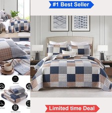 100 Cotton Queen Quilt Set Patchwork Plaid Bedding 3 Piece Navy Brown White