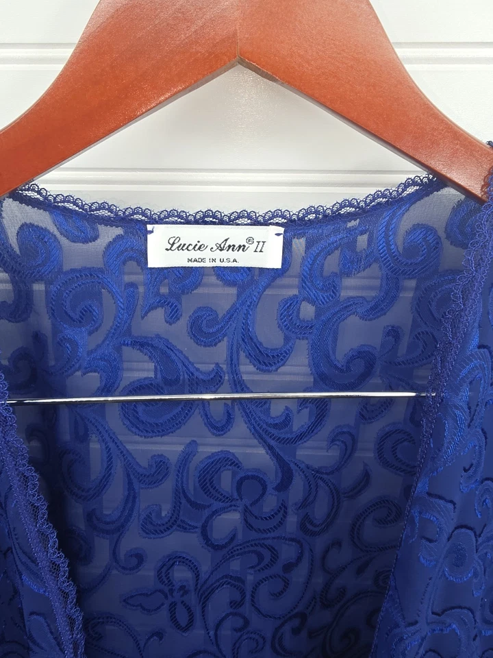 Lucie Ann II Vintage Royal Blue Long Lace sheer Nightgown & Poet Sleeve Jacket M - Image 3 of 4