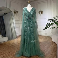 Turquoise Evening Dresses with Beaded Cape Sleeves Design Wedding Party Gowns