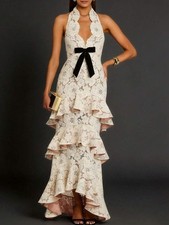 Elegant Floral Lace Velvet Bow Deep V-Neck Halter Tiered Ruffle Maxi Dress