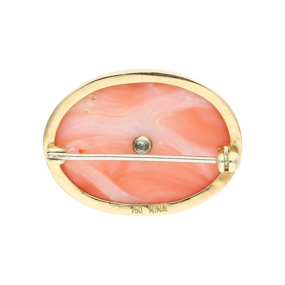 Brosche 750/000 (18 Karat) Gelbgold und Weißgold, mit Diamanten und Koralle, Han - Bild 2 von 4