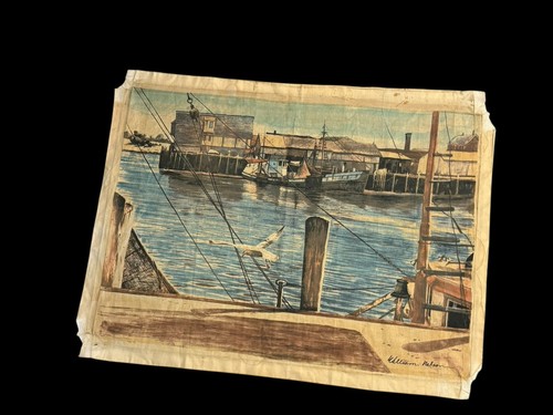 William Nelson anni 60 Navi e Porto SERIGRAFIA SU TESSUTO grande vintage - Foto 2 di 14