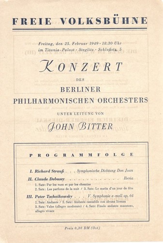 Theaterzettel KONZERT BERLINER PHILHARMONISCHES ORCHESTER Titania-Palast 1949