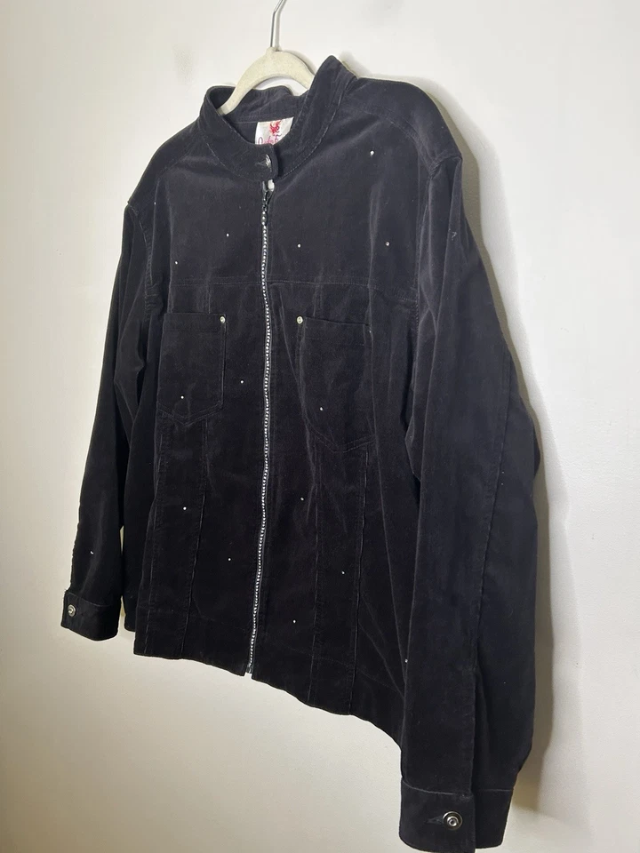 Quacker Factory Women's Stretch Corduroy Jacket Rhinestone Zipper Black Size 2X - Image 2 of 4