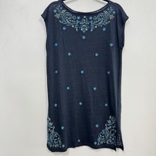 J. Jill Love Linen Floral Embroidered Shift Dress Sz M Navy Blue Beach Travel