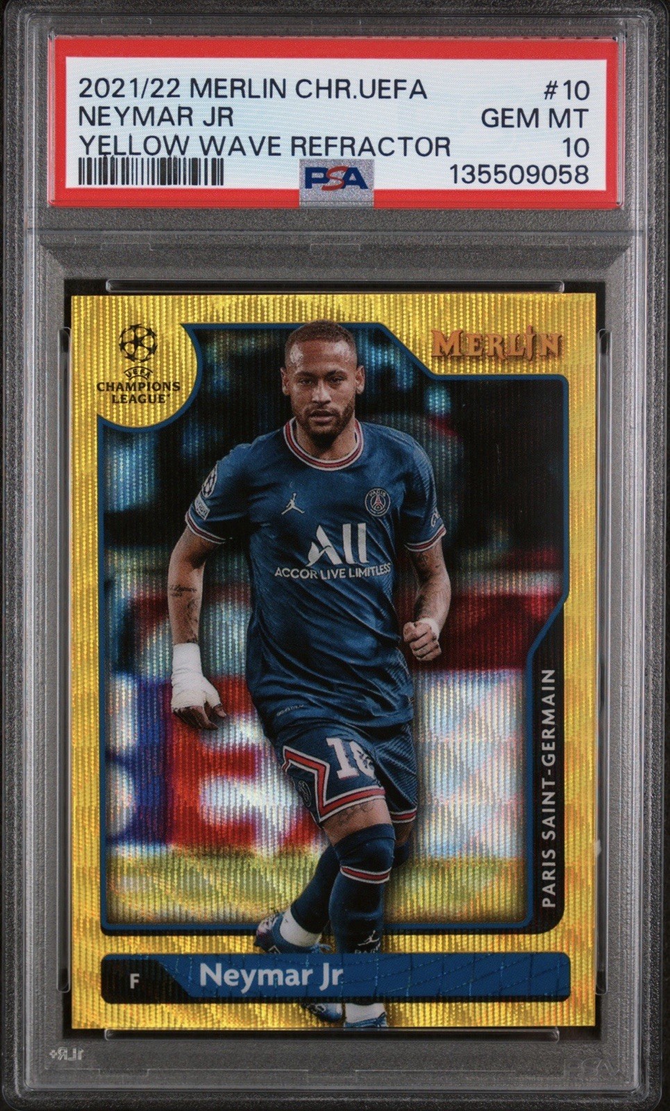 2021-22 Topps Merlin UCL Neymar Jr Yellow Wave Refractor /225 #10 PSG PSA 10 MT