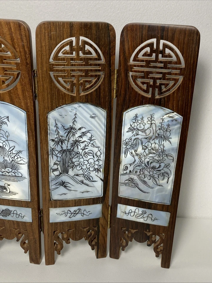 Antigo 4 painéis asiáticos mini tela dobrável pintada à mão painéis esfregão madeira decoração para casa - Imagem 3 de 4