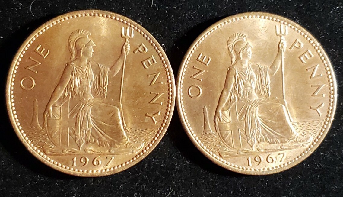 2 1967 Great Britain One Penny Elizabeth II DEI Gratia Regina