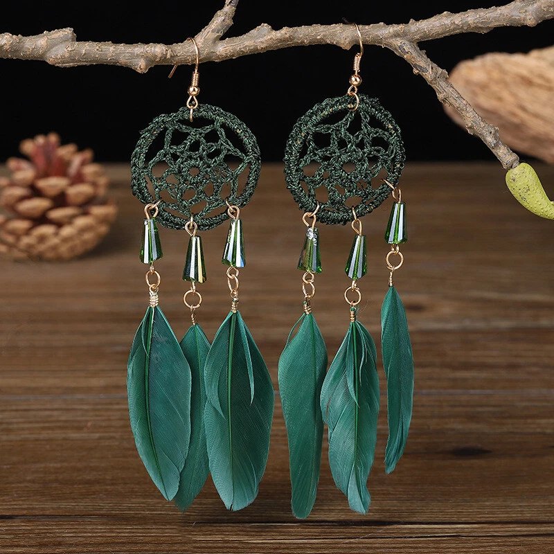 Pendientes colgantes de borla larga retro boho de plumas para mujer Foto 4 de 4