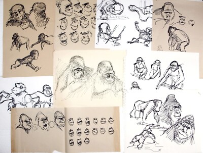 Richard Bazley (*1962) 9 x Zeichnungen Affen & Säuglinge. Animator für Disney, Tarzan