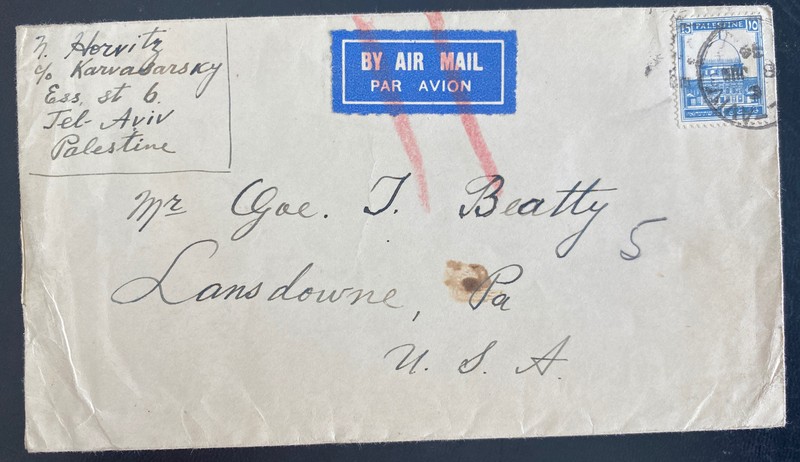 1938 Tel Aviv Palestine Airmail Cover To Landsdowne PA USA