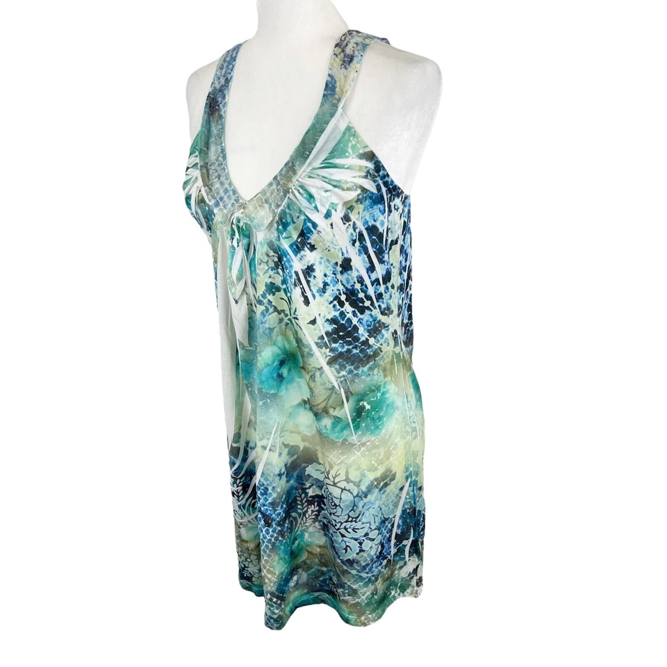 One World Sleep and Let Sleep Dress Women Small Blue Green Floral Tank V-Neck - Image 2 of 4