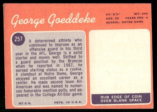 1970 Topps #257 George Goeddeke RC Denver Broncos VG-VGEX - Picture 2 of 2