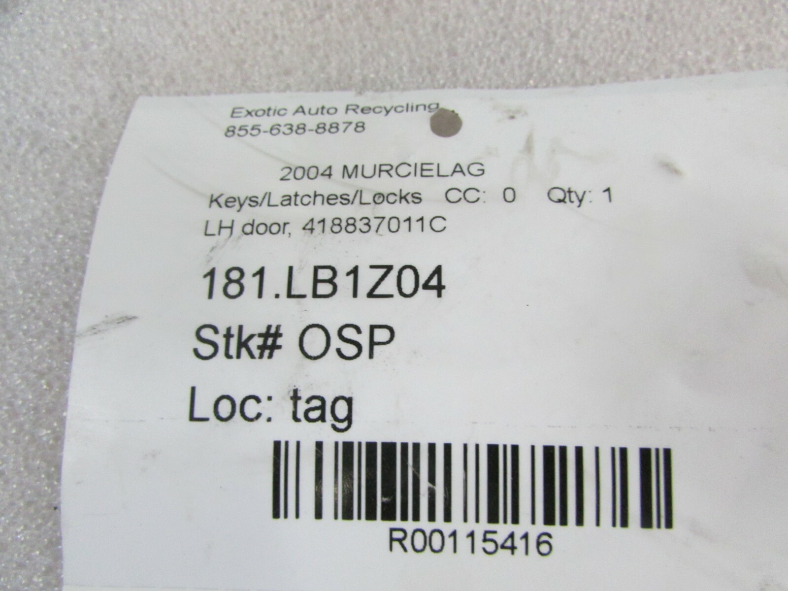 Lamborghini Murcielago, LH, Left Door Lock Latch, Used, P/N 418837011C