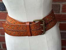 Wide Cafe Color Smooth Braided Leather Belt w Brass Buckle Studs, Double Pin