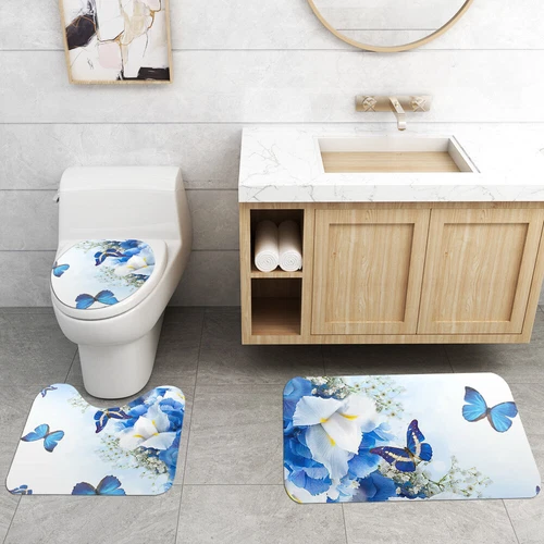 4Pcs/Set Butterfly Rose Waterproof Shower Curtain Toilet Lid Cover Bathroom Mat - Bild 14 von 36