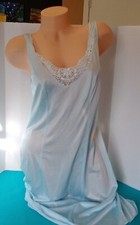 Vintage 60's Full Slip Dress Chemise European Wide Strap Retro Blue Lace Trim L