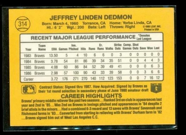 Vintage 1986 DONRUSS Baseball Trading Card #314 JEFF DEDMON Atlanta Braves - Image 2 of 2