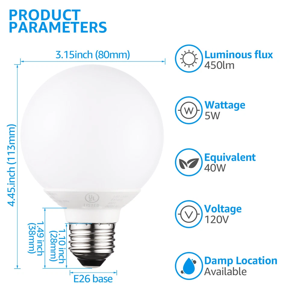 12 Pack G25 LED Vanity Globe Light Bulbs, 5W Equivalent 40W, 2700K/3000K/5000K - Image 2 of 4