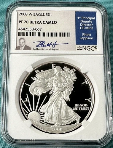 :2008-W $1 SILVER EAGLE 1 OZ NGC PF70UC ULTRA CAMEO RHETT JEPPSON LABEL TOP POP