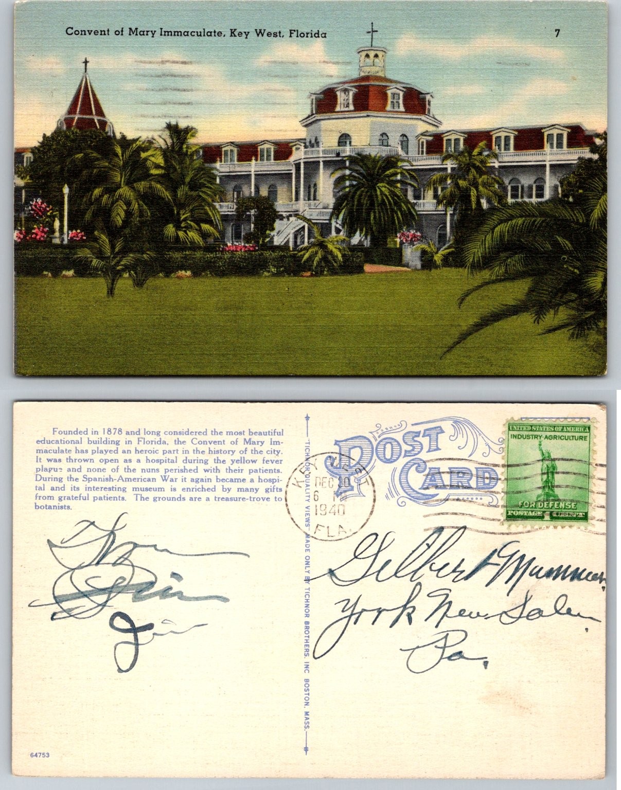 1940 Key West FL Convent of Mary Immaculate Linen Postcard Tichnor Bros ...