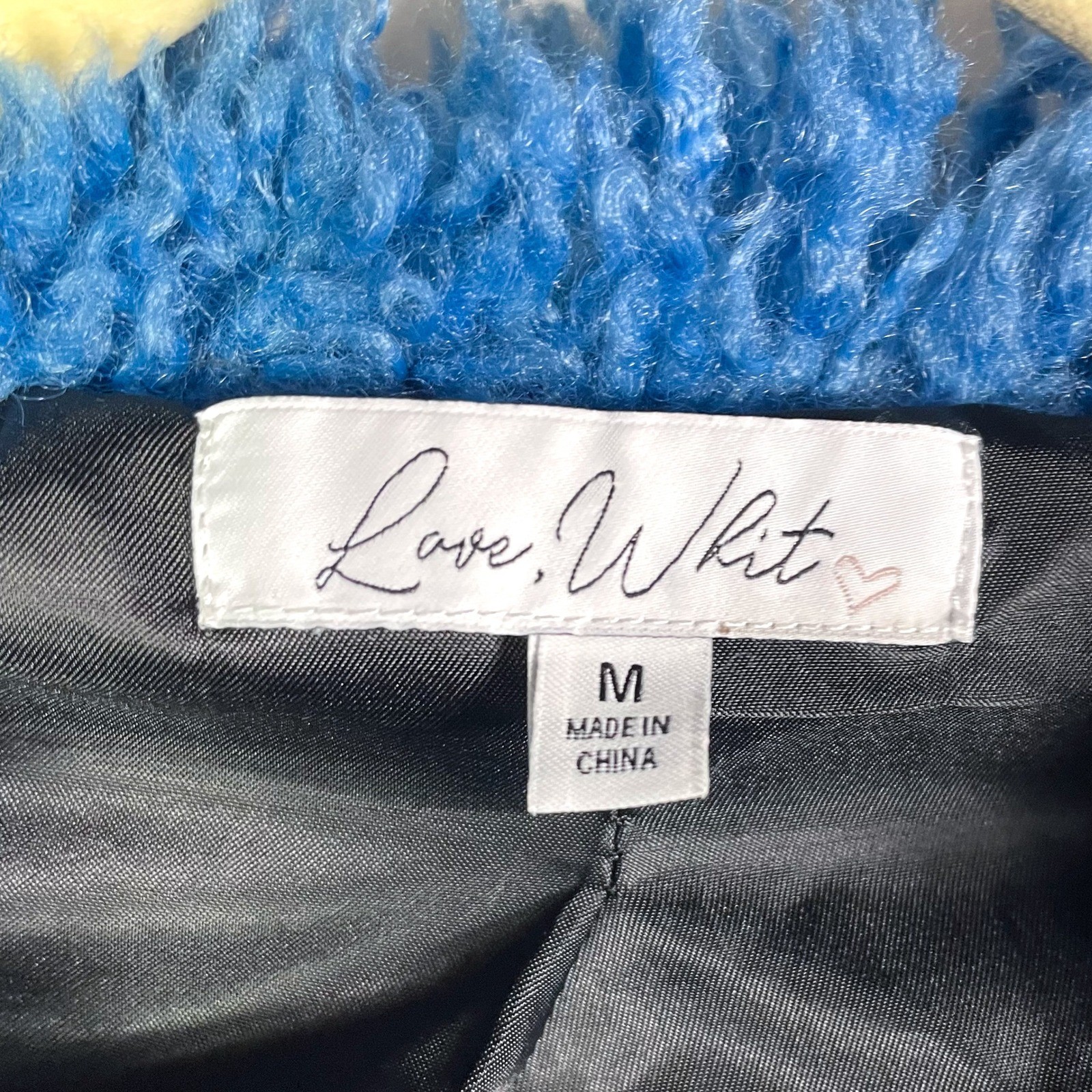 Love Whit Whitney Port Sherpa Collar Coat Black Faux Leather Blue Fur Trim Sz M