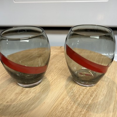 Vintage G.H. Mumm Champagne Stemless Glasses Set of 2 Smoky Gray Red Sash