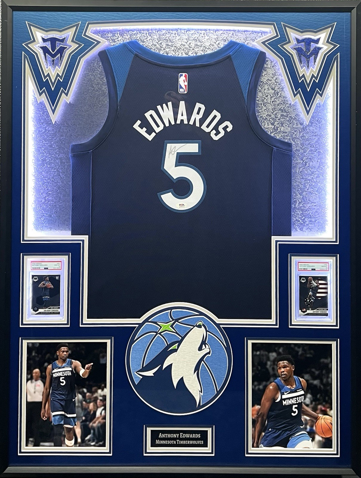 Anthony Edwards Autographed Signed Minnesota Timberwolves + Framed w/ (2) PSA10 RCs + LEDs 