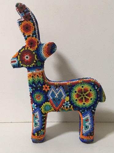 Huichol 7" Beaded Art Deer -Intricate Bead Designs on Wood Form