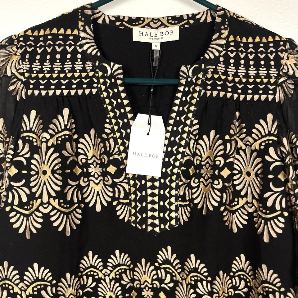 Nuevo con etiquetas Blusa Top Hale Bob Pequeña Lexie Negra Dorada Terciopelo Seda Burnout Manga Larga Foto 3 de 4