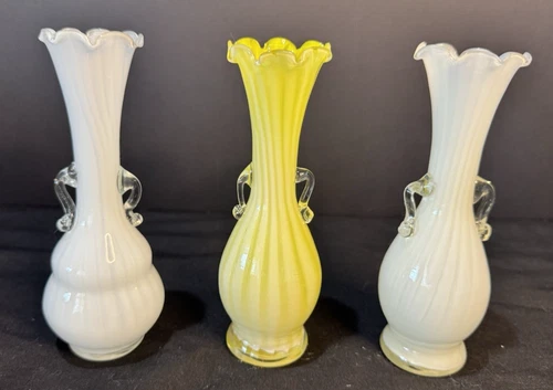 Set of 3 Vintage Murano Handblown Glass Bud Vased Striped White Yellow MCM