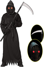 Grim Reaper Halloween Costume with Glowing Red Eyes for Kids, Scythe Included