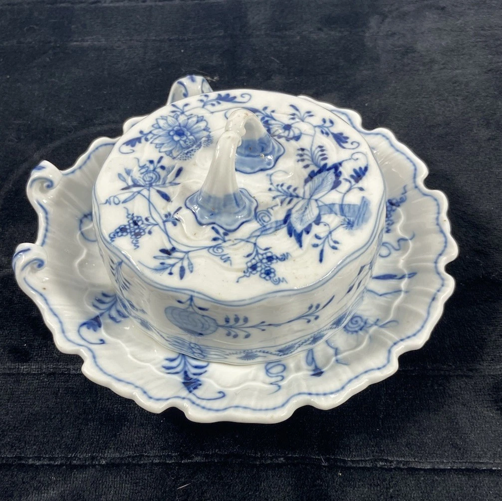 Antique Vintage Meissen Blue Onion Cheese Butter Dish Germany