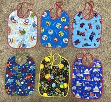 Lot Of 6 Quilted Handmade Bibs Boy Theme Large Size 12" X 9" Train, Dinosaur