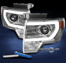 FOR 09-14 FORD F-150 LED STRIP CHROME PROJECTOR HEADLIGHT LAMP W/BLUE DRL SIGNAL