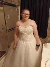 White Strapless Beaded Ball Gown Wedding Dress with Train and Corset Back
