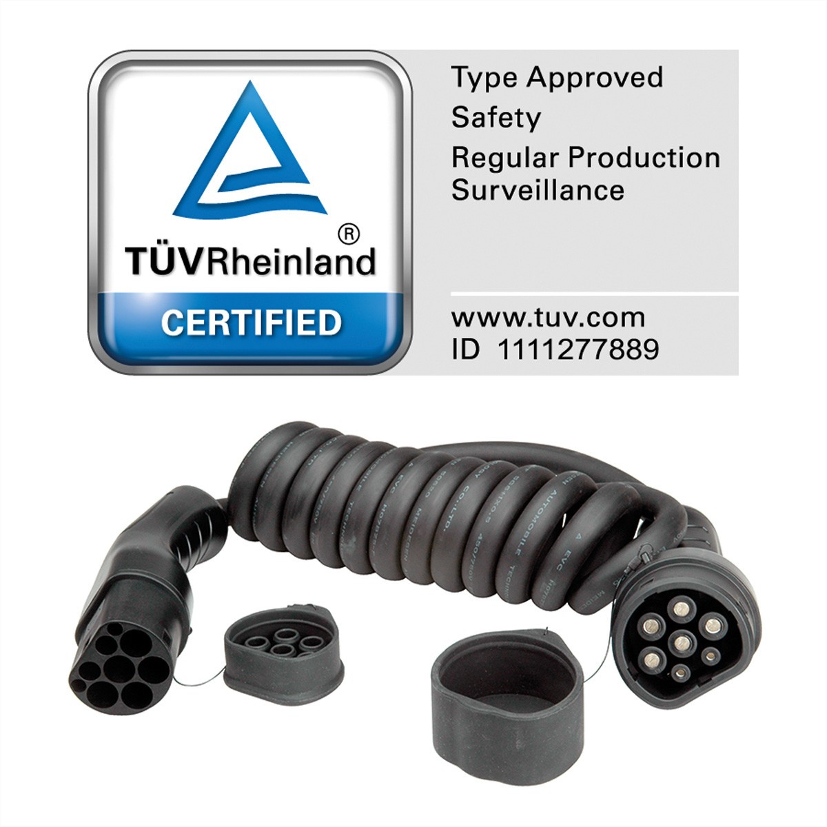 E-Auto Ladekabel Typ2, 3-Phasig,480Vac (3P+N+E), 32 A, 22 Kw, Spiralkabel, 7,5M-image