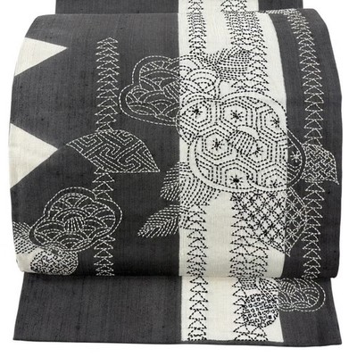 Japanese Silk Fukuro obi Charcoal gray Camellia Court pattern Sashiko embroidery