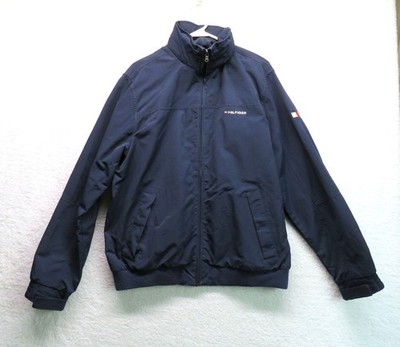 Tommy Hilfiger Jacket Mens Size Large Blue Full Zip Vintage Spellout Hidden Hood