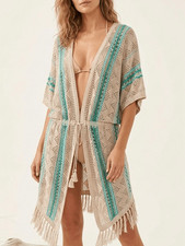 CHICO S Cover Up Cardigan LINEN OPEN FRONT BELTED CROCHET Boho FRINGE KIMONO Tan