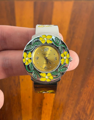 Pierre Nicol Watch Bangle Women Silver Tone Yellow Dial Floral 35mm New Battery