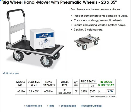 Uline Big Wheel Handi-Mover Platform Cart 23" x 35" 600 Lb Capacity