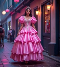 Bright Pink Victorian Prom Dresses Puff Sleeve Tiered Ruffles 1550s Evening Gown