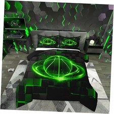 Basketball Comforter Set for Boys Kids Teens Ultra Soft Queen Green Black
