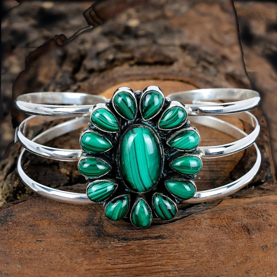 Brazalete Ajustable Malaquita Piedras Preciosas Hecho a Mano Plata Esterlina Brazalete Regalo Para Ella Foto 3 de 4