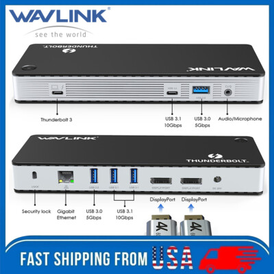 WAVLINK Thunderbolt3 Laptop Docking Station DP Dual HDMI 4K@60Hz for Mac/Windows
