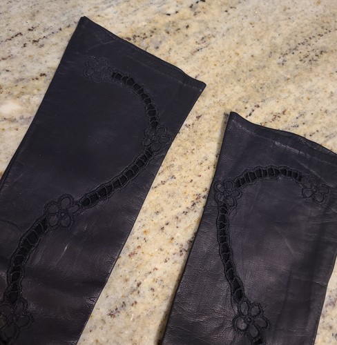 New? Vintage Size M Black Kid Leather Formal 15.5" Long Gloves Peekaboo Flower - Picture 5 of 14