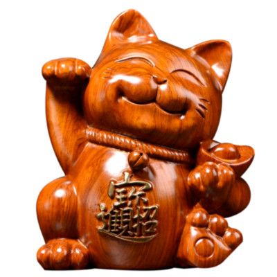 5.9'' Rosewood Carved Maneki Neko Statue Lucky Cat Feng Shui Decor Art Collection